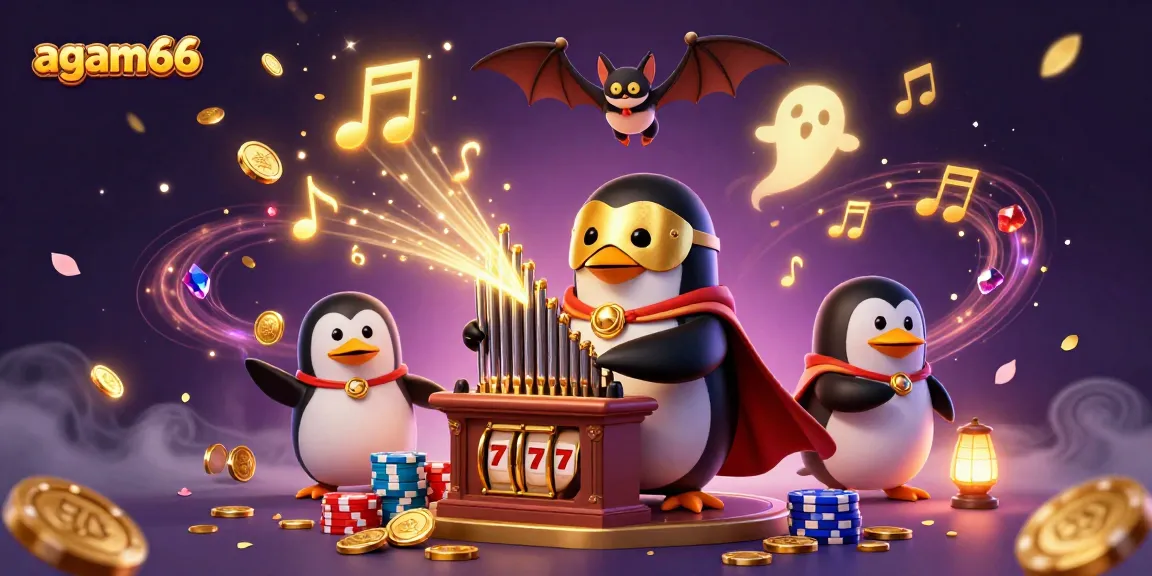 Engage with the excitement of agam66 as the phantom opera penguin conjures golden coins in a colorful casino scene.