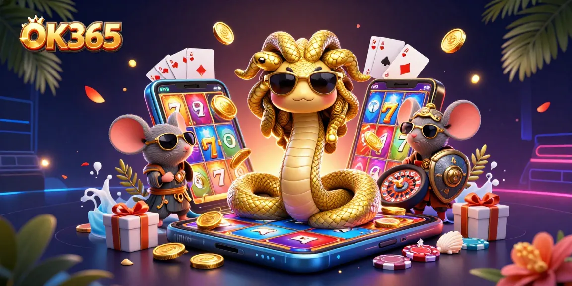 Engage with OK365's thrilling slot games illustrated by festive characters in a vibrant casino scene.