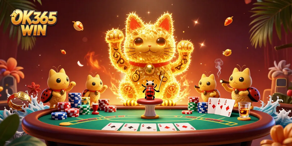 Engage in the thrilling experience of OK365 WIN with a lively lucky cat and casino ambiance.