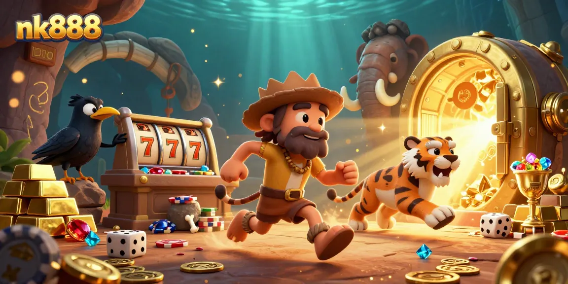 Experience the vibrant casino scene with nk888 alongside animated characters and sparkling treasures.