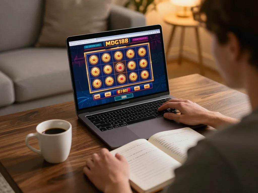 Player engaging with MDG188 online slots interface on laptop, showcasing immersive gaming experience