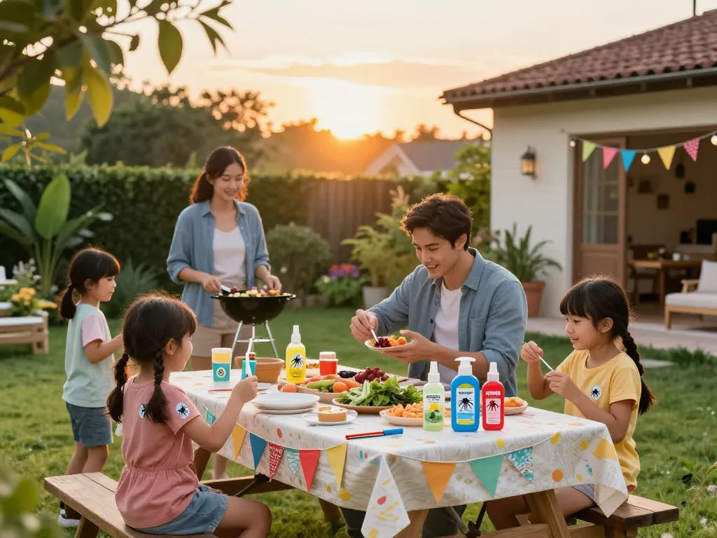 Gathering outdoors with the Best Mosquito Repellent protecting guests from bugs during a summer barbecue.