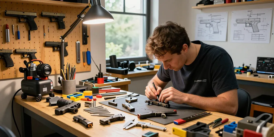 Customizing Glock slides at https://precisionglockslides.com with tools and craftsmanship in a bright workshop.