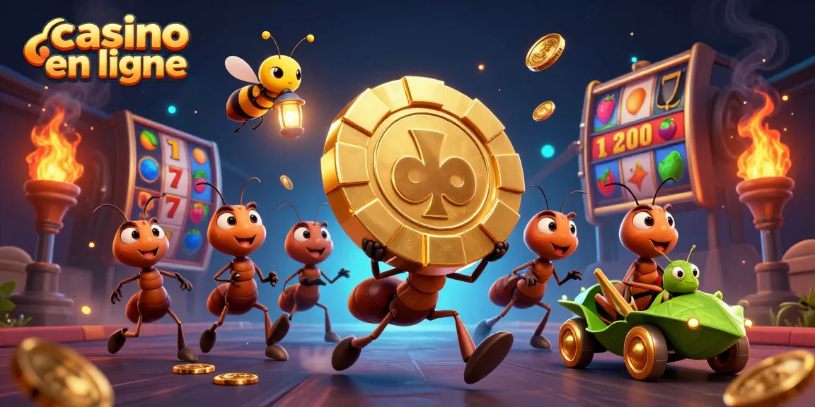 Casino en ligne avec des fourmis en fuite transportant un jeton doré, ambiance dynamique et immersive.