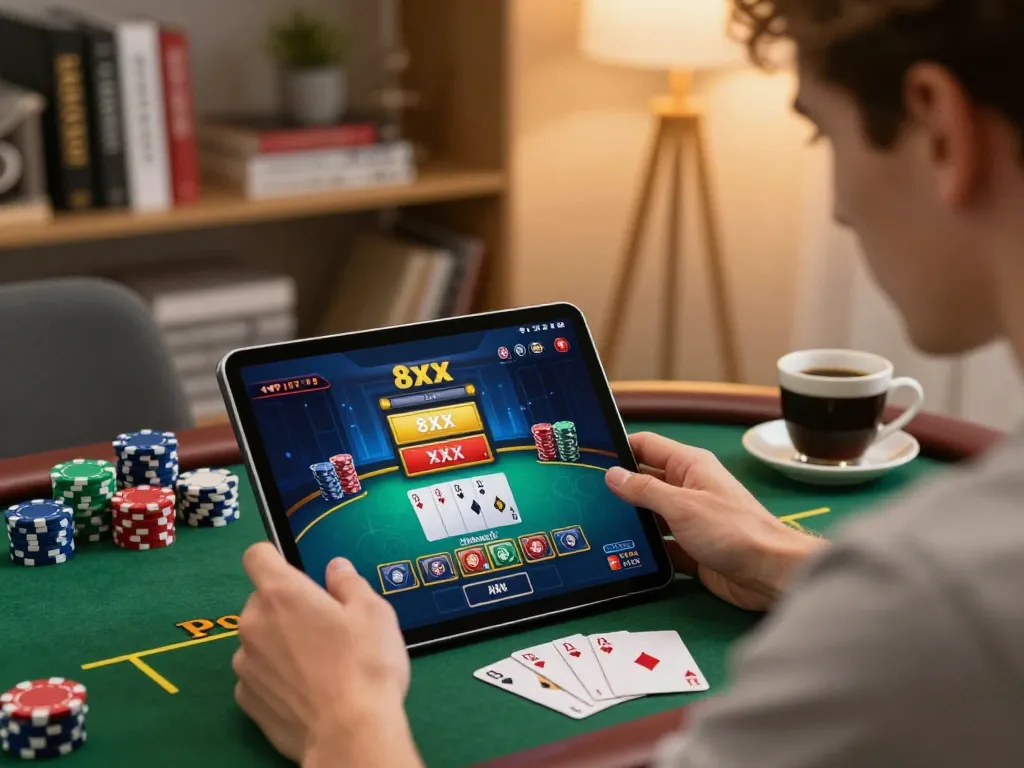 Player accessing 8xx đăng nhập for poker gameplay, showcasing strategic home gaming setup and excitement.