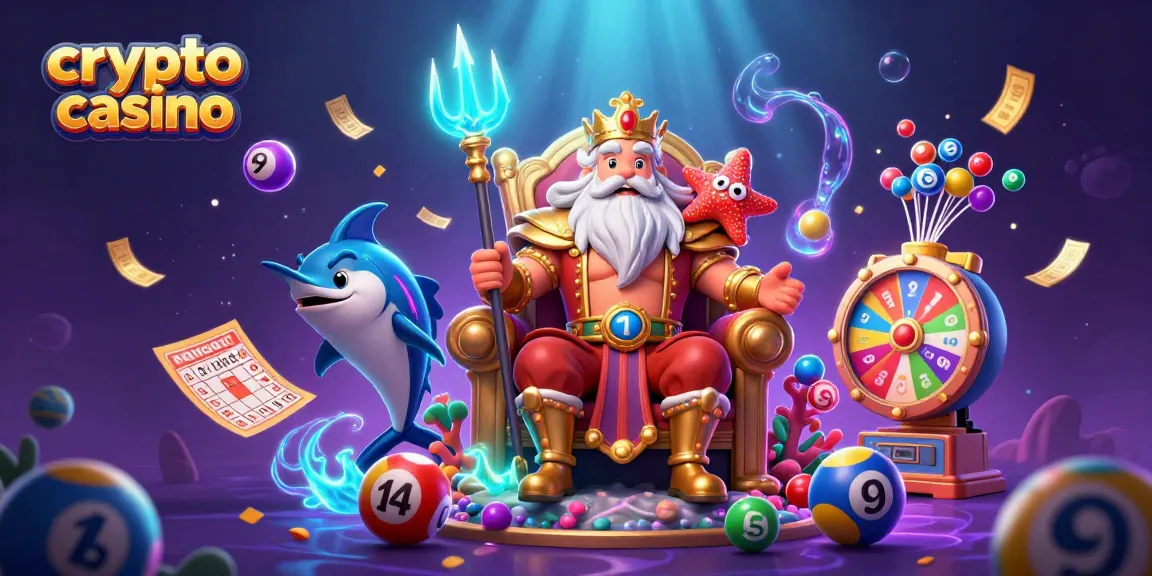 Célébrez le crypto casino avec Neptune et ses personnages accueillants entourés de boules de loterie colorées.