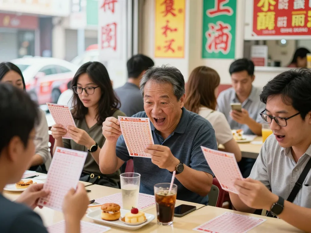 Excited lottery players checking Hongkong Lotto tickets in a vibrant cafe scene.
