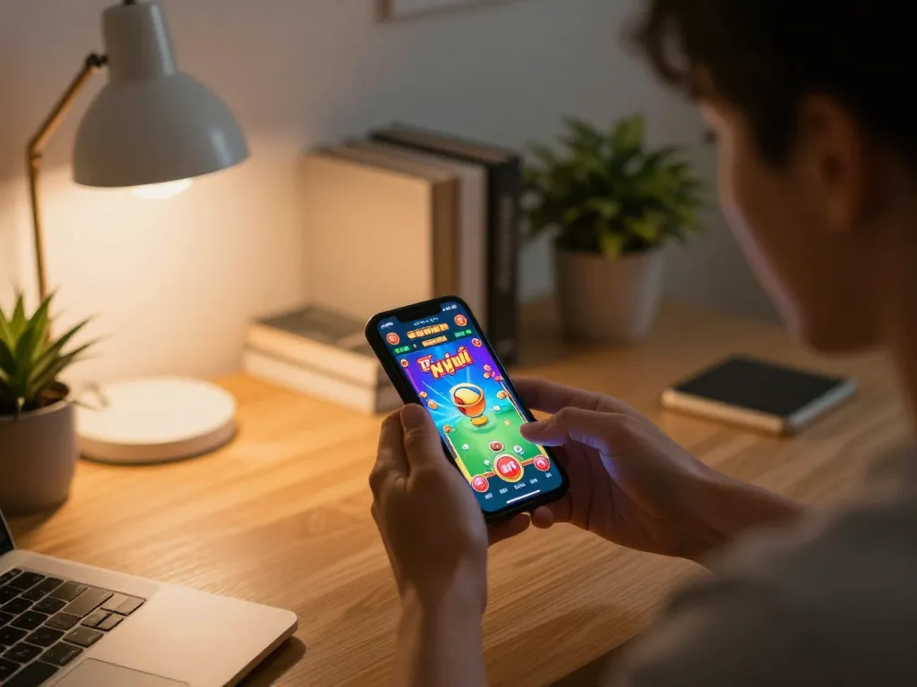 Engaging in nổ hũ gameplay on smartphone in a cozy home setting with vibrant graphics.