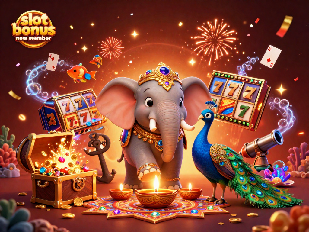 Play winning slots with the slot bonus new member, featuring fun characters and elaborate casino elements.