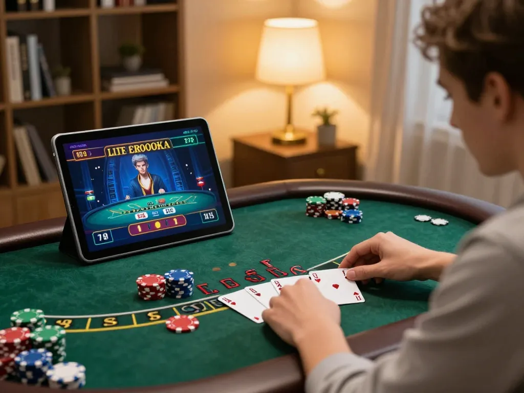 Player enjoying a live dealer blackjack game on 98win, showcasing immersive online casino experience.