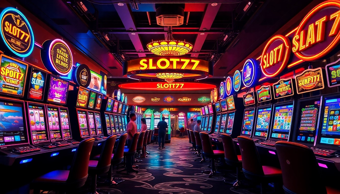 Mainkan slot777 di kasino yang penuh warna dengan lampu neon yang cerah.