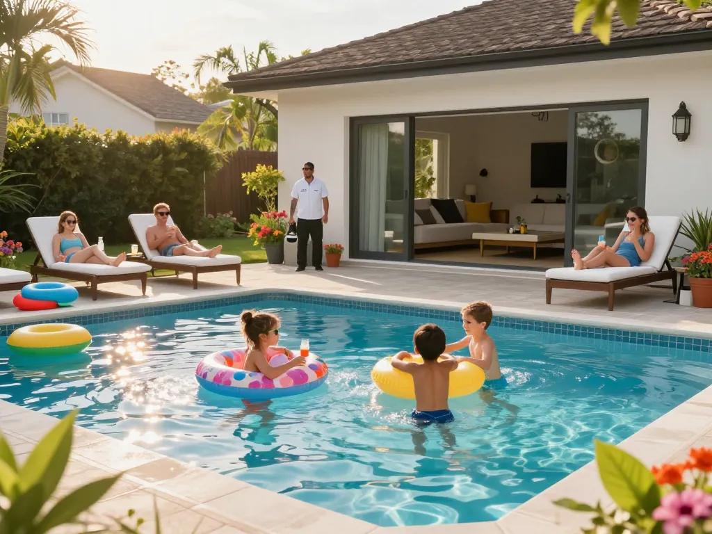 Dolphin Pool Services ensuring a fun and safe swimming day for families in a sunny backyard pool.