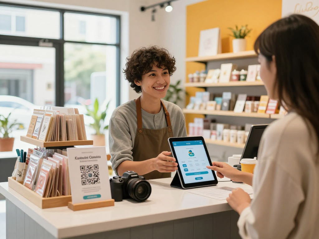 Small business owner demonstrating a loyalty app to a customer, showcasing points and rewards features in a vibrant retail setting.