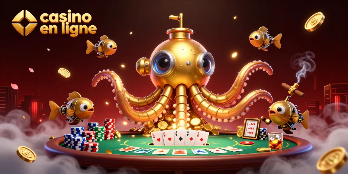 Découvrez le casino en ligne avec des jeux saisissants et un kraken en action parmi des pièces dorées.