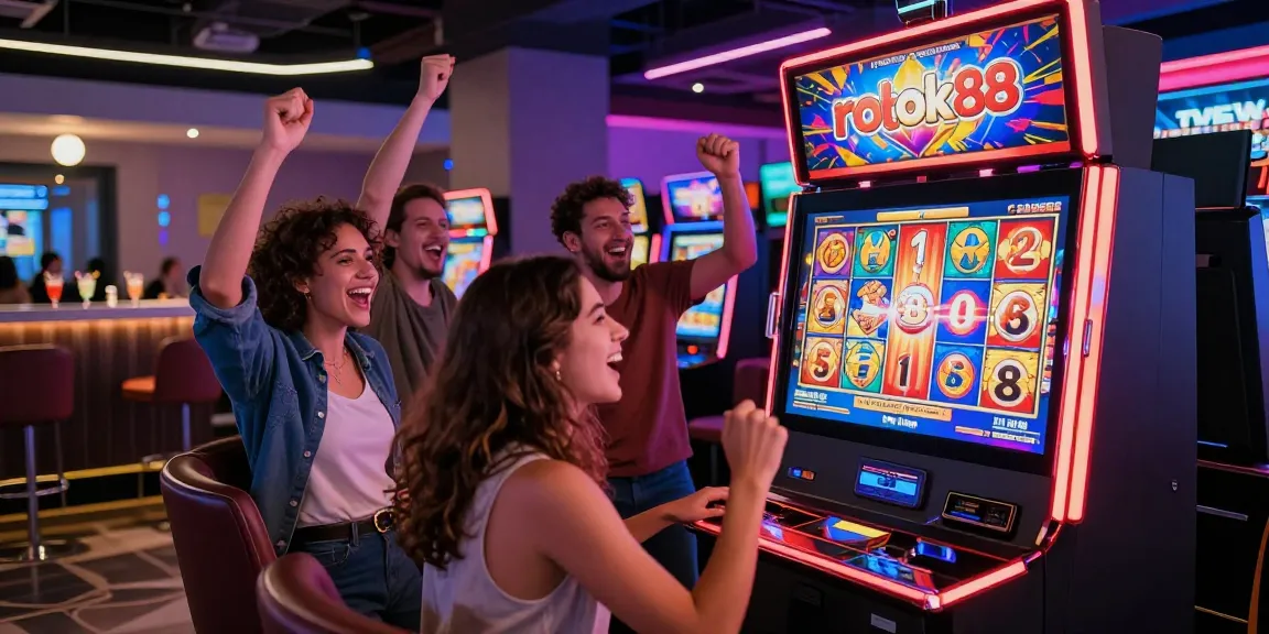 Friends enjoying gaming at a slot machine with rokok88 slot login interface in a vibrant casino.
