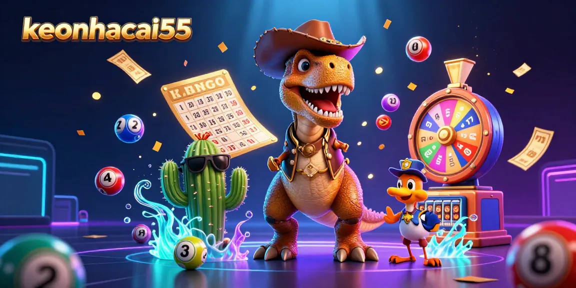 Engage with keonhacai55 in a vibrant, dynamic lottery scene showcasing thrilling game elements and lively characters.