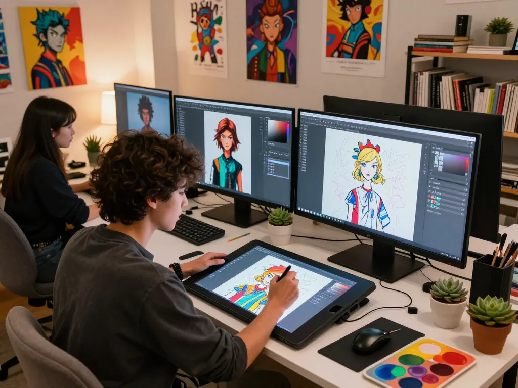 Artist creating NSFW AI character designs in a vibrant digital art studio.
