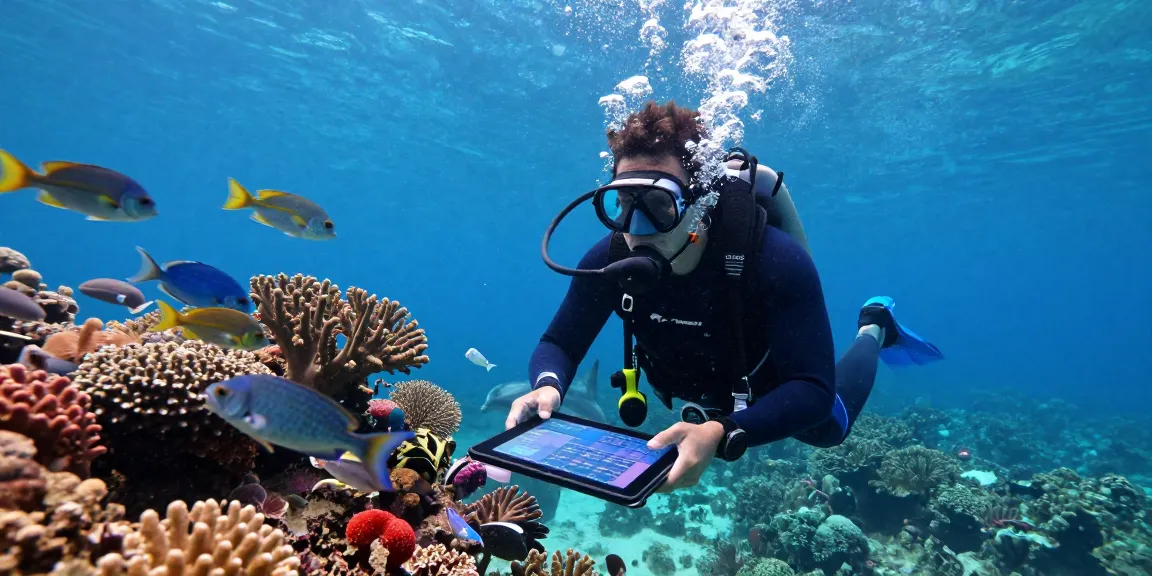 Marine biologist using a hydrophone underwater to study aquatic life.
