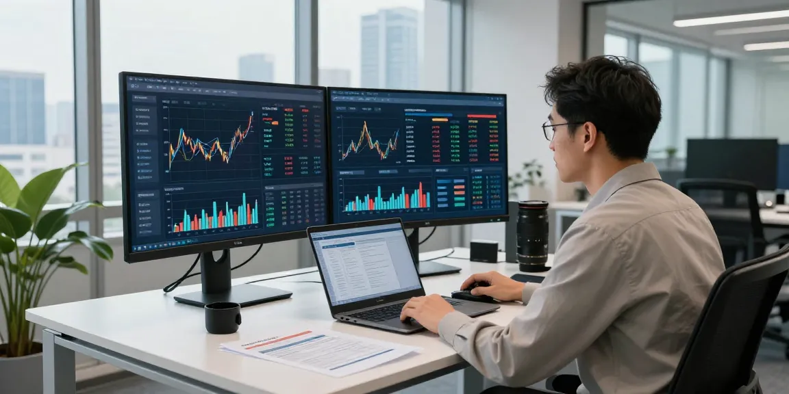 Professional financial crime intelligence analysis at a modern desk with data visualizations and reports.
