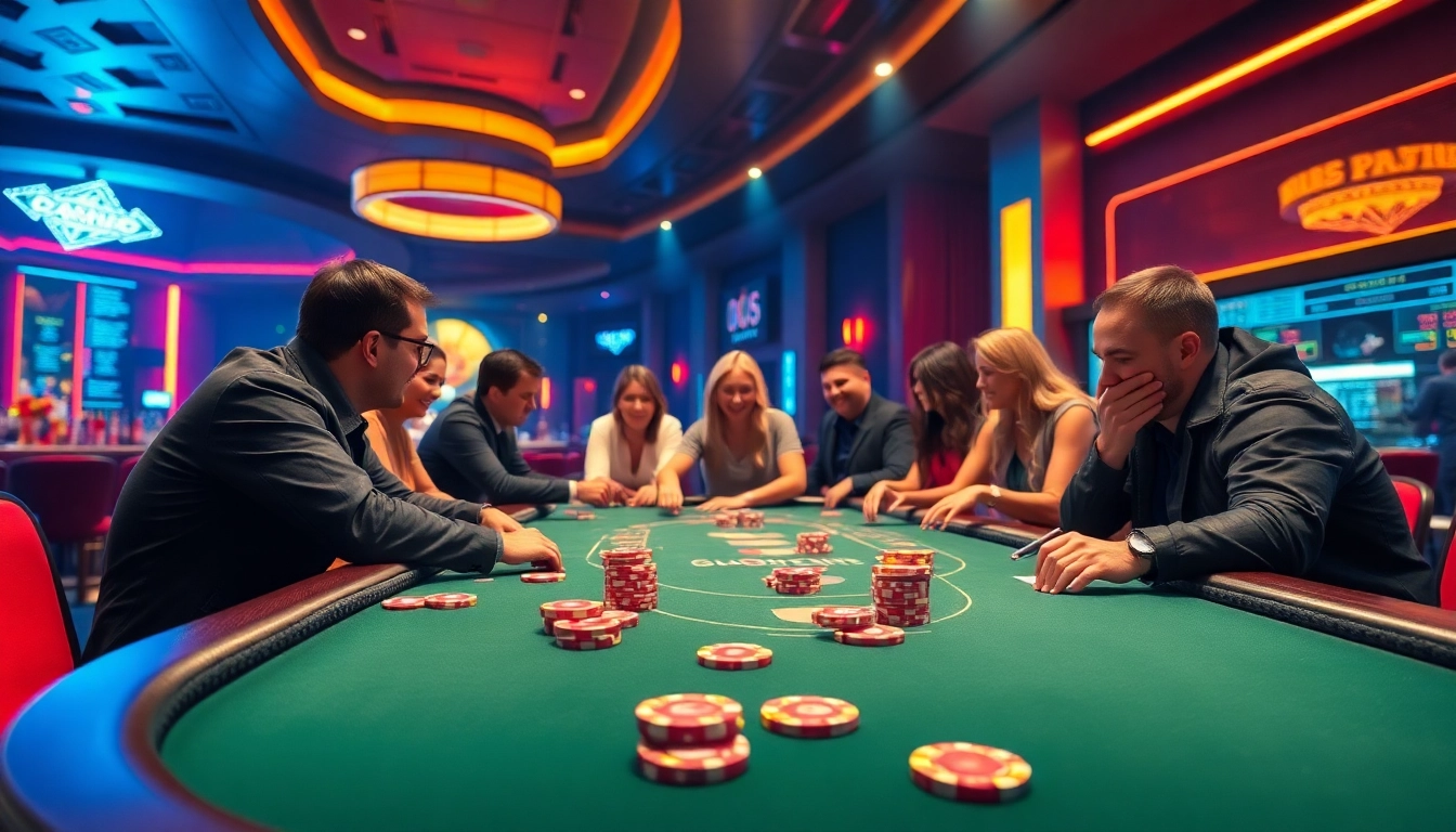 Bermain dengan LOL4D di meja poker yang ramai dengan lampu neon yang cerah.