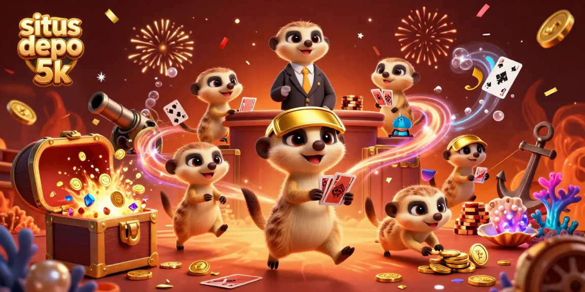 Join the excitement at situs depo 5k, featuring meerkats in a vibrant casino scene with colorful treasures.
