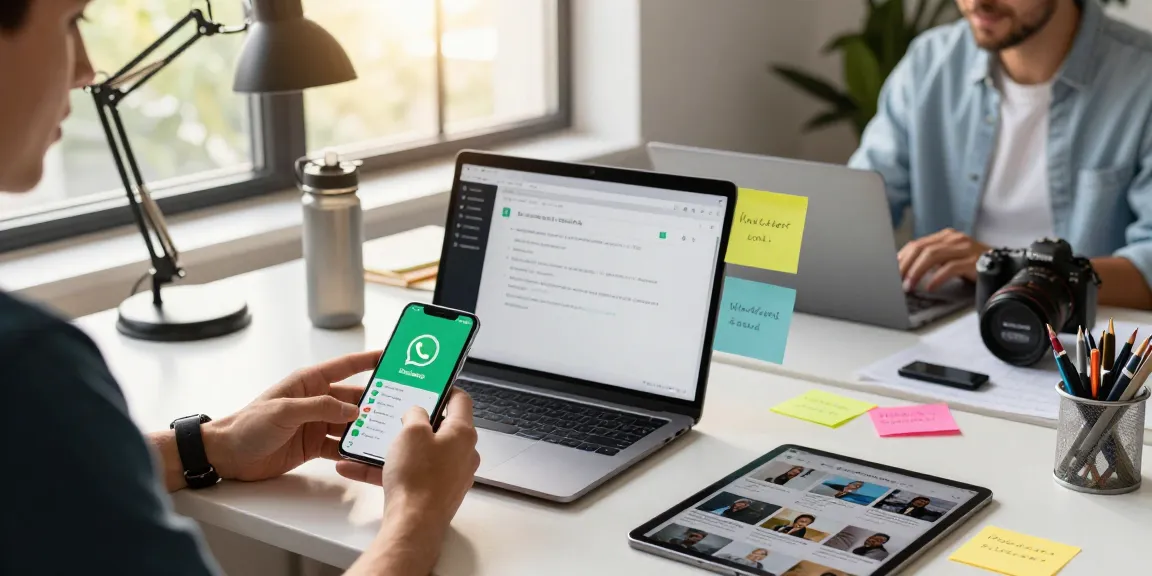 Engaging workspace showcasing WhatsApp下載 on smartphone, laptop, and tablet in a modern tech environment.