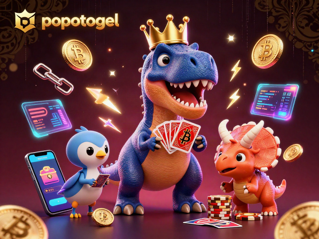 Popotogel hadir dalam ilustrasi kasino 3D dengan T-Rex dan karakter lucu lainnya.
