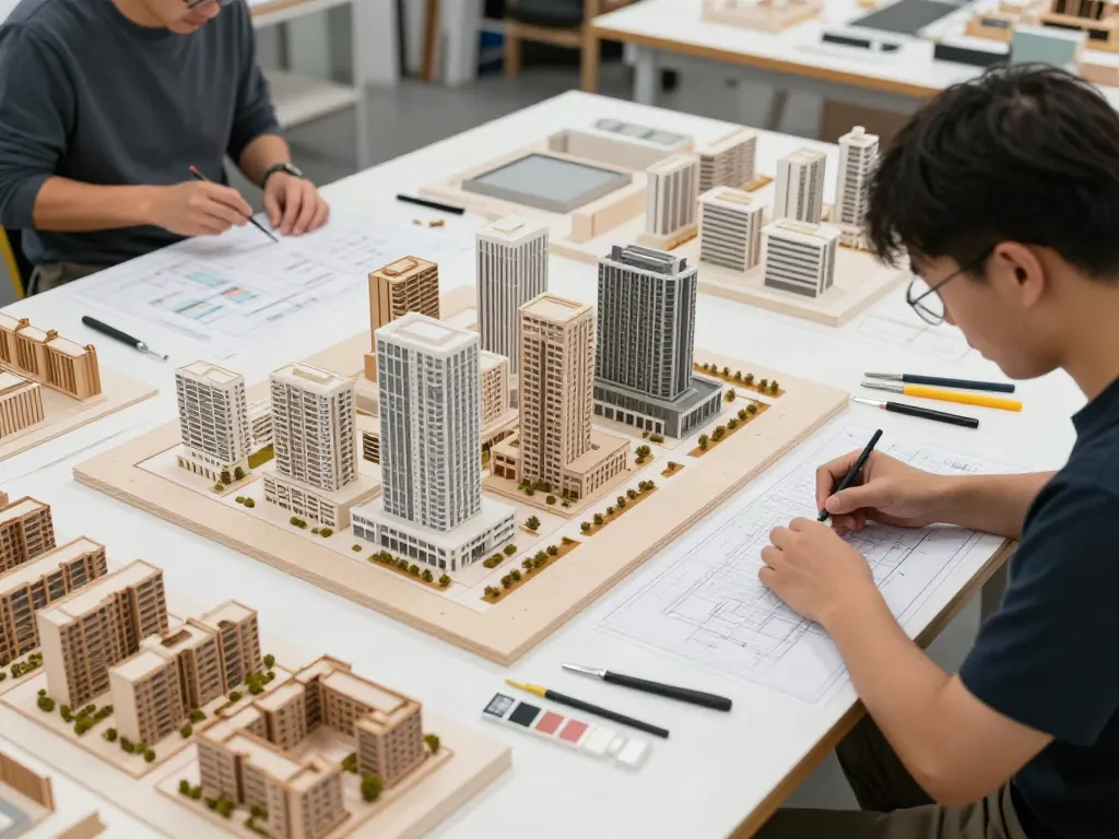 Präzise Architektur Modellbau Bremen mit Experten in einer modernen Werkstatt bei der Arbeit.