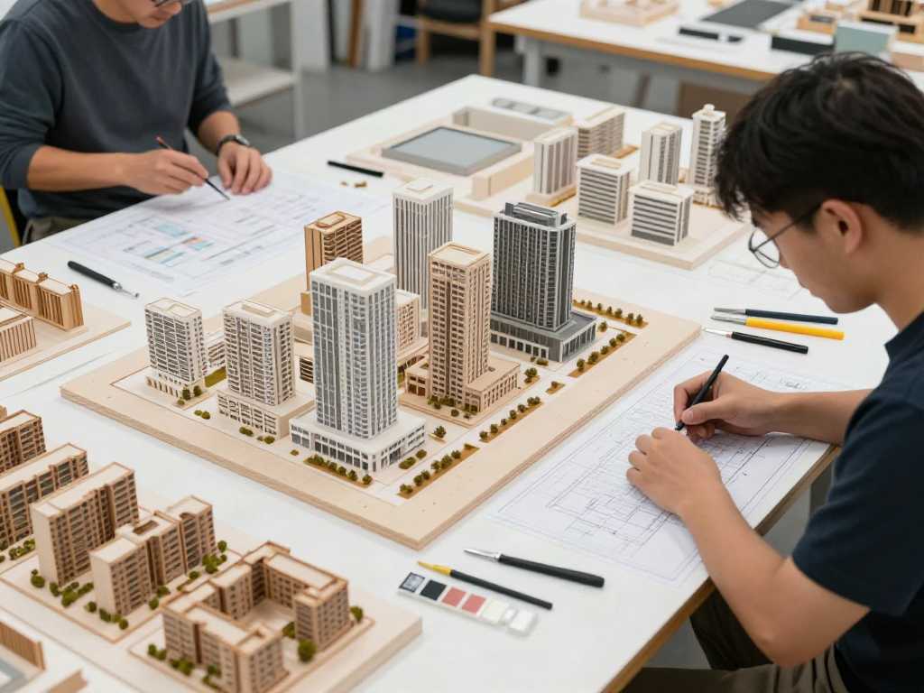 Präzise Architektur Modellbau Bremen mit Experten in einer modernen Werkstatt bei der Arbeit.