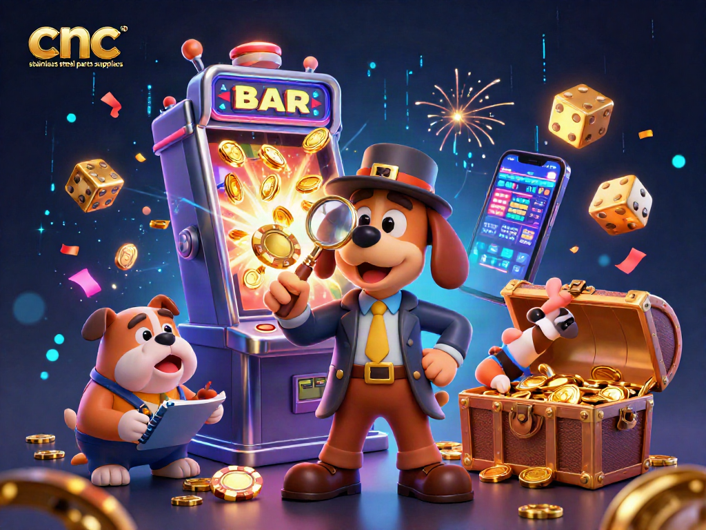 CNC stainless steel parts suppliers investigate gambling clues in a vibrant casino scene with slot machines and golden treasures.