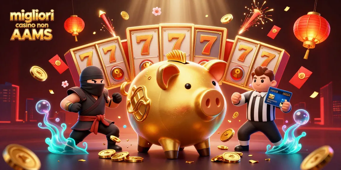 Giocando ai migliori casino non AAMS, un sumo dorato calpesta monete d'oro con effetti di festa.
