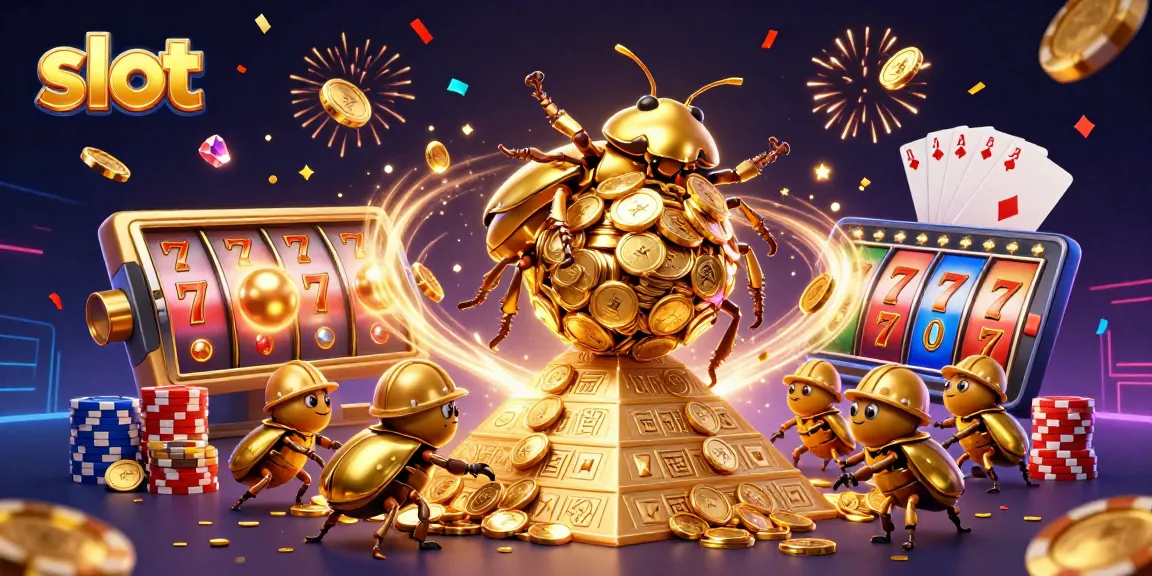 Spin the slot reels for incredible wins with a vibrant casino-themed scene featuring golden coins and beetles.