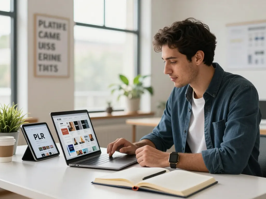Purchase PLR Content in a vibrant workspace with an entrepreneur exploring digital products.