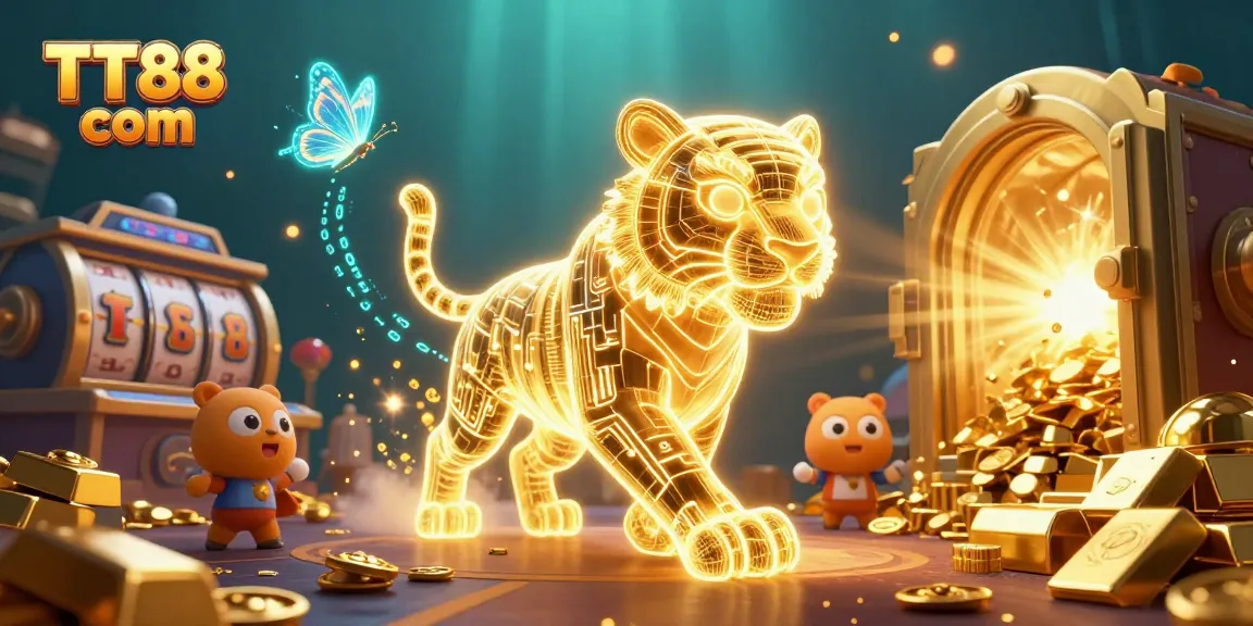 Experience the excitement of TT88 com with vibrant casino action, featuring a golden tiger in a dynamic digital landscape.