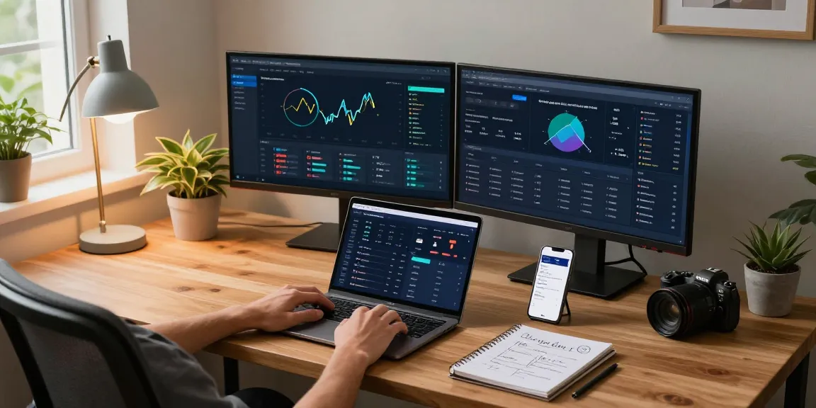 Safe cloud mining service workspace featuring monitors with cryptocurrency mining data, digital wallet applications, and security features in a professional home office setting.