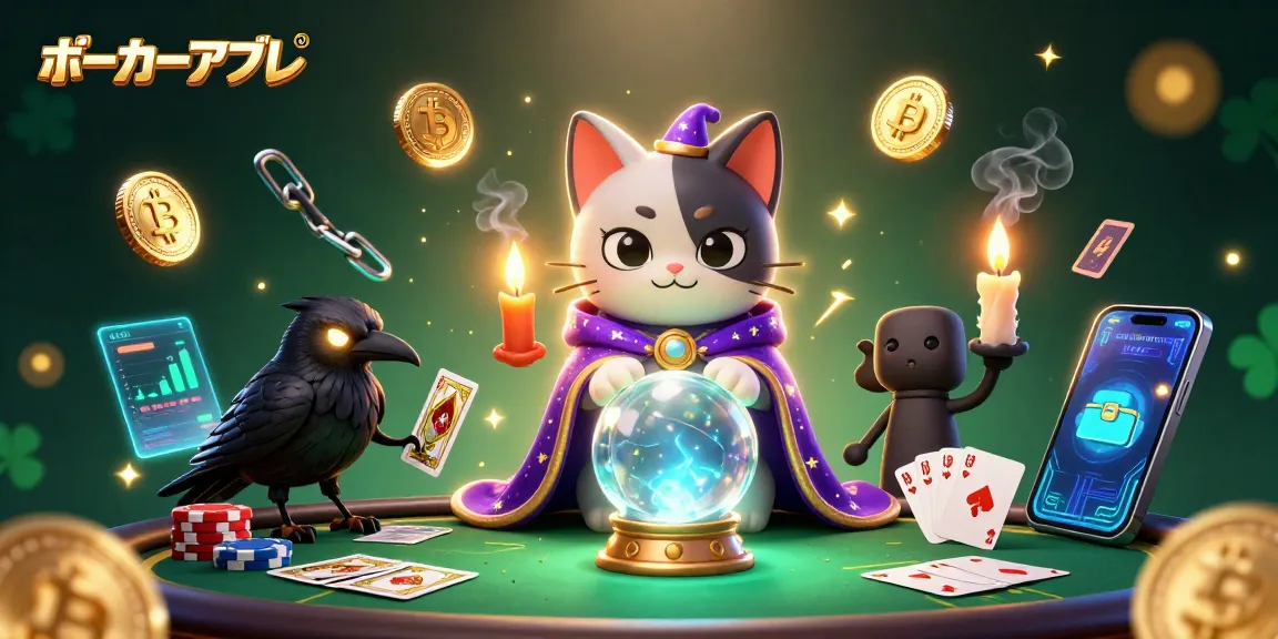 ポーカーアプリでアクションを楽しむキャットとカラスが登場する幻想的なシーン