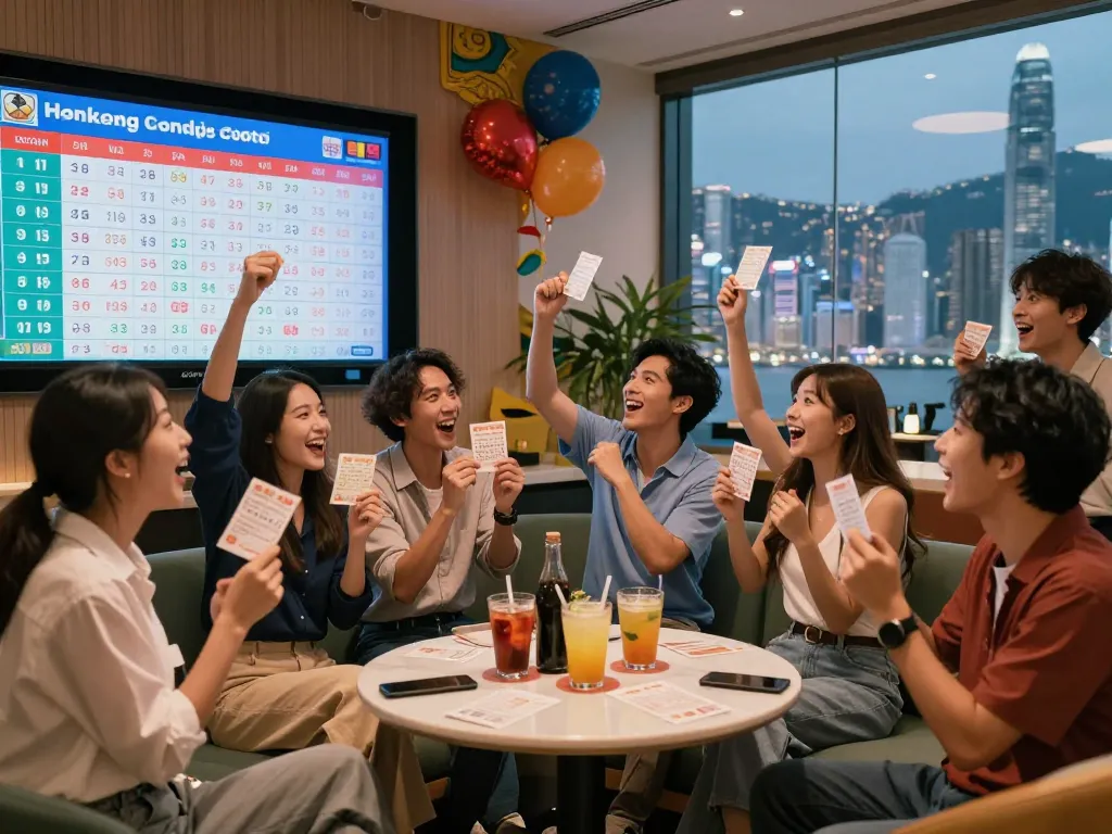 Group of friends celebrating Hongkong Lotto results in a modern urban lounge, vibrant atmosphere, excitement.