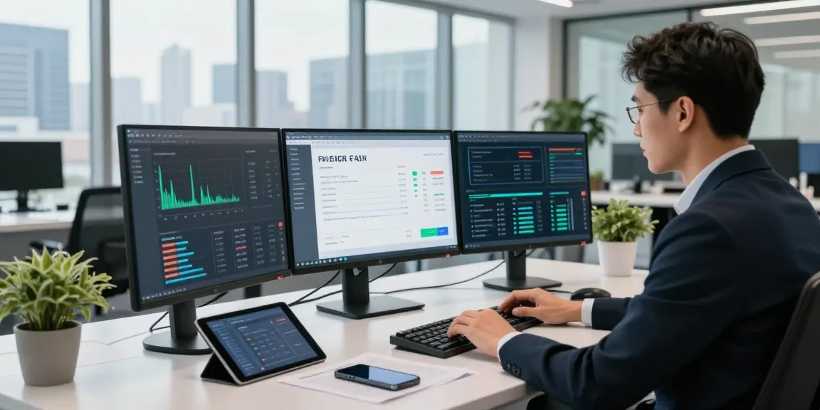 Detect fraud invoice with AI technology in a modern office setup featuring a cybersecurity analyst analyzing data.