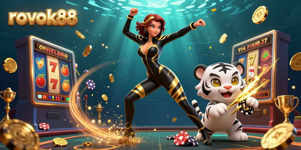 Experience thrilling gameplay with rokok88 featuring dynamic slot elements and a playful tiger in a vibrant casino scene.