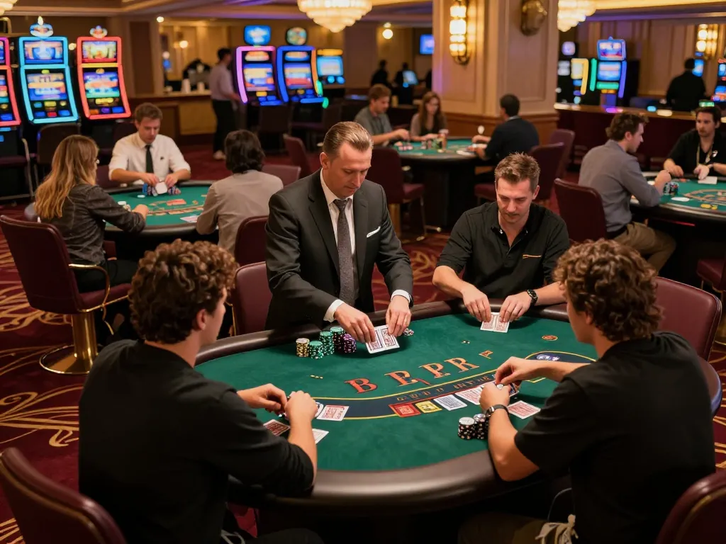 Players strategizing for a winning blackjack hand at fabet casino, with colorful chips and cards visible.