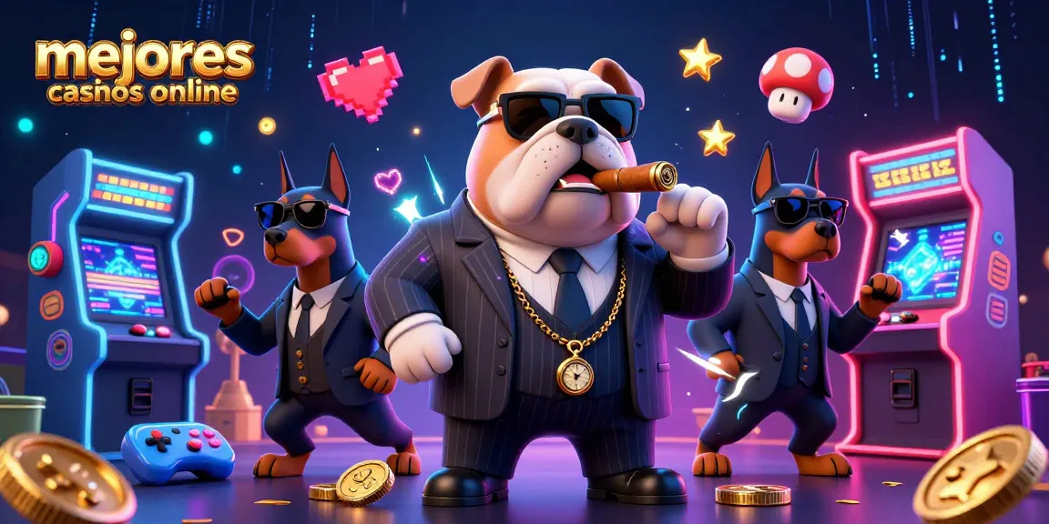 Ilustración de los mejores casinos online, un bulldog y dos doberman rodeados de máquinas de juego.