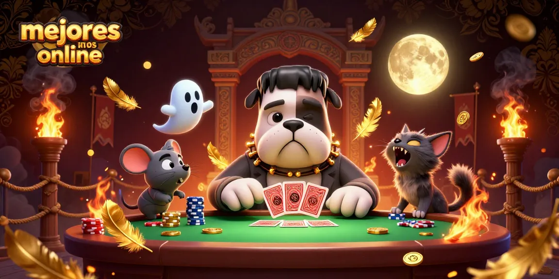 Juega en los mejores casinos online mientras un perro Frankenstein reparte cartas en un ambiente fantasmal.