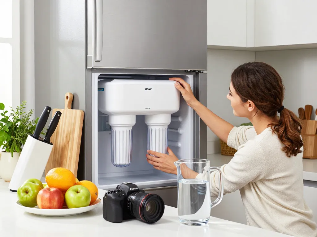 Installing a Waterdrop RPWF Refrigerator Water Filter (NOT RPWFE) in a modern kitchen with fresh ingredients and a vibrant atmosphere.