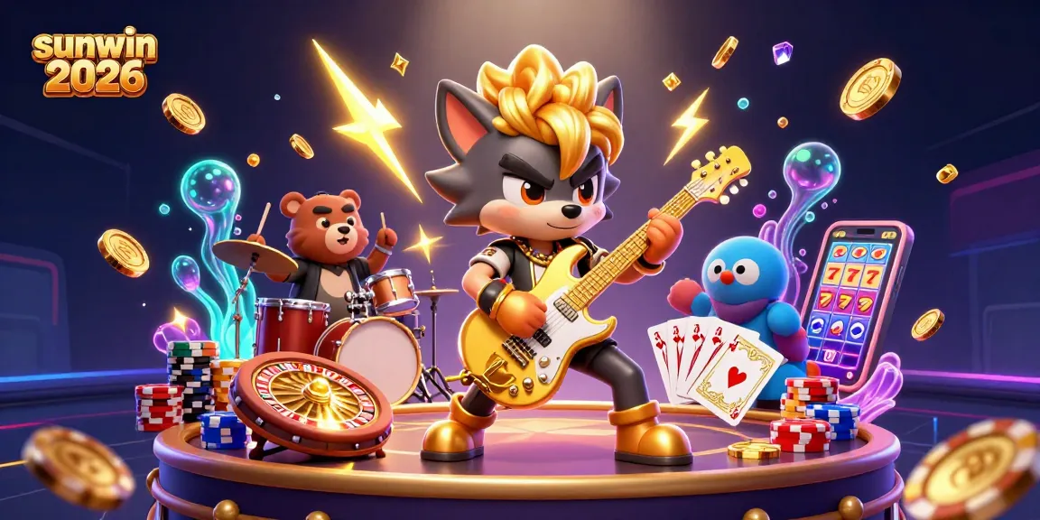 Experience the excitement of sunwin 2026 with vibrant 3D casino action featuring a rock star wolf and dynamic game elements.