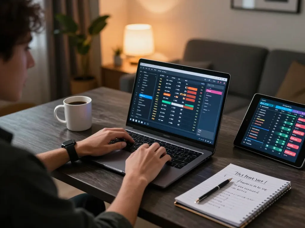 Person playing iWin on a laptop while reviewing gaming strategies in a cozy home setting