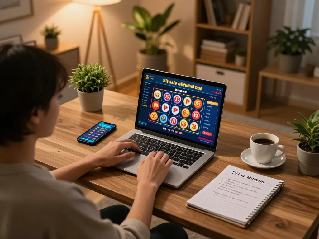 Engaging in situs slot gameplay on a laptop at a cozy home office, highlighting responsible gaming practices