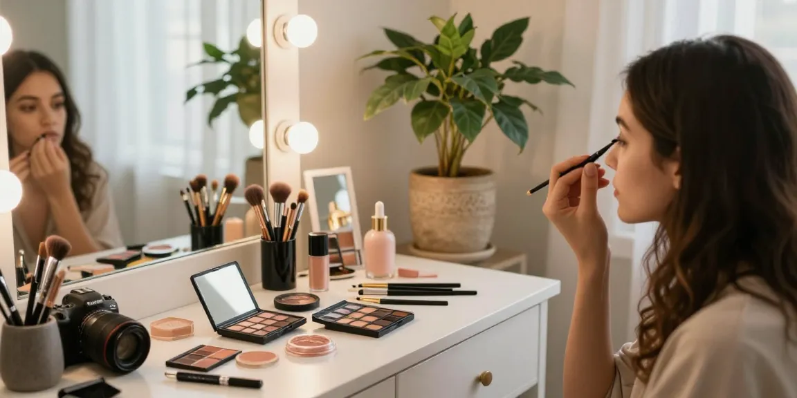 Pencil eyebrows application in a cozy makeup studio with various cosmetics laid out.