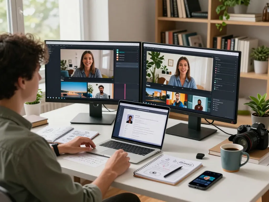 Content creator using a free video to prompt tool in a modern workspace, showcasing Sora, Veo, and Kling models.
