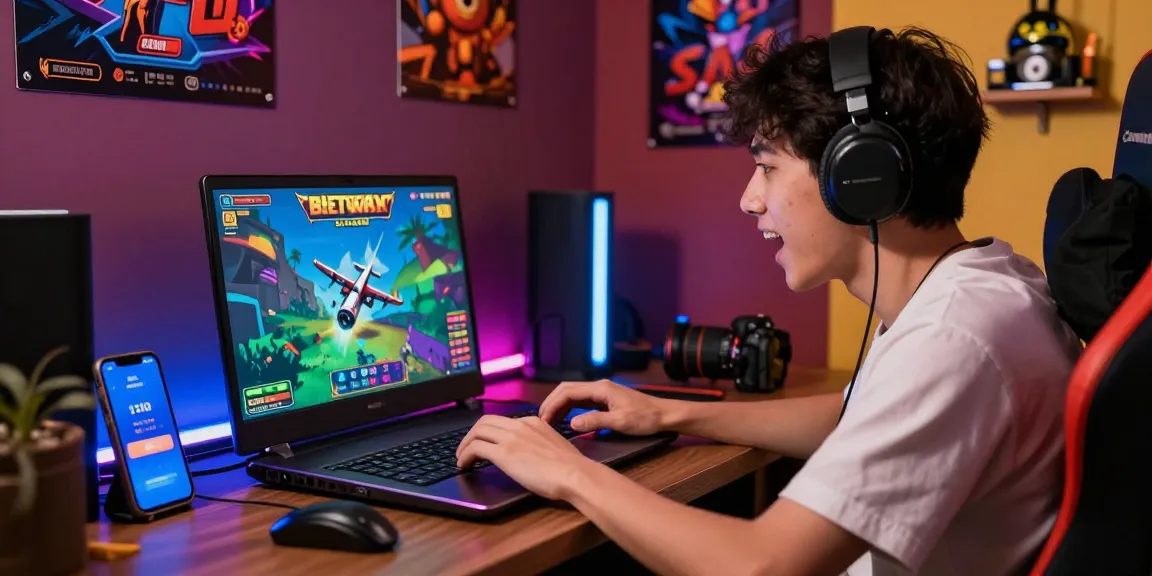 Aviator betway crash game player excitedly preparing to cash out before the virtual plane flies away, showcasing vibrant gaming atmosphere.