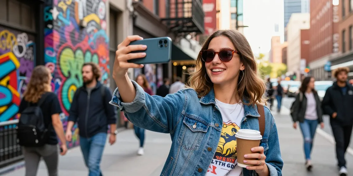 Young woman exploring her celebrity look alike while taking a selfie in a lively urban setting.